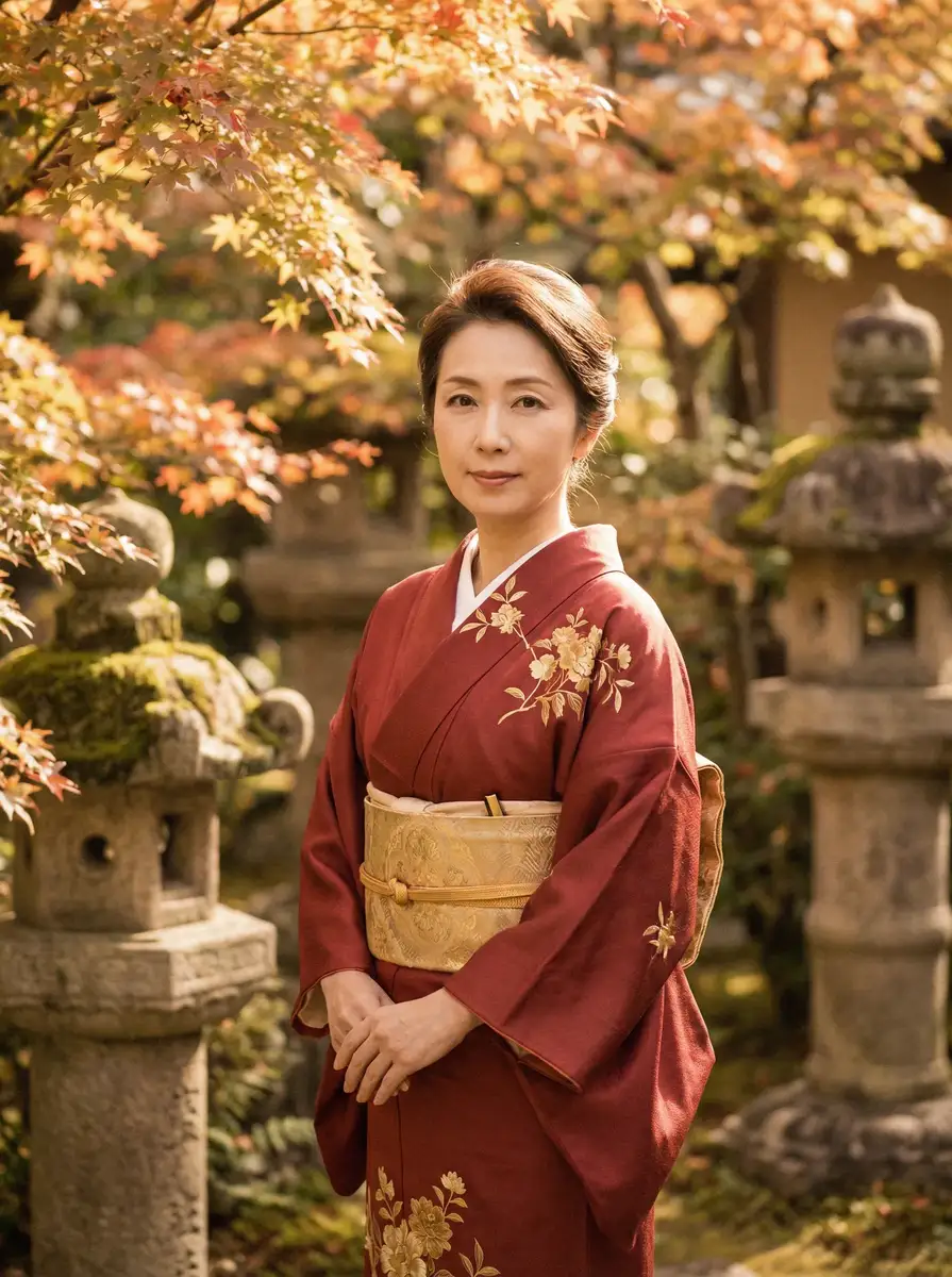 一位身穿暗红色和服的优雅 彩神通娱乐 在日式庭院中